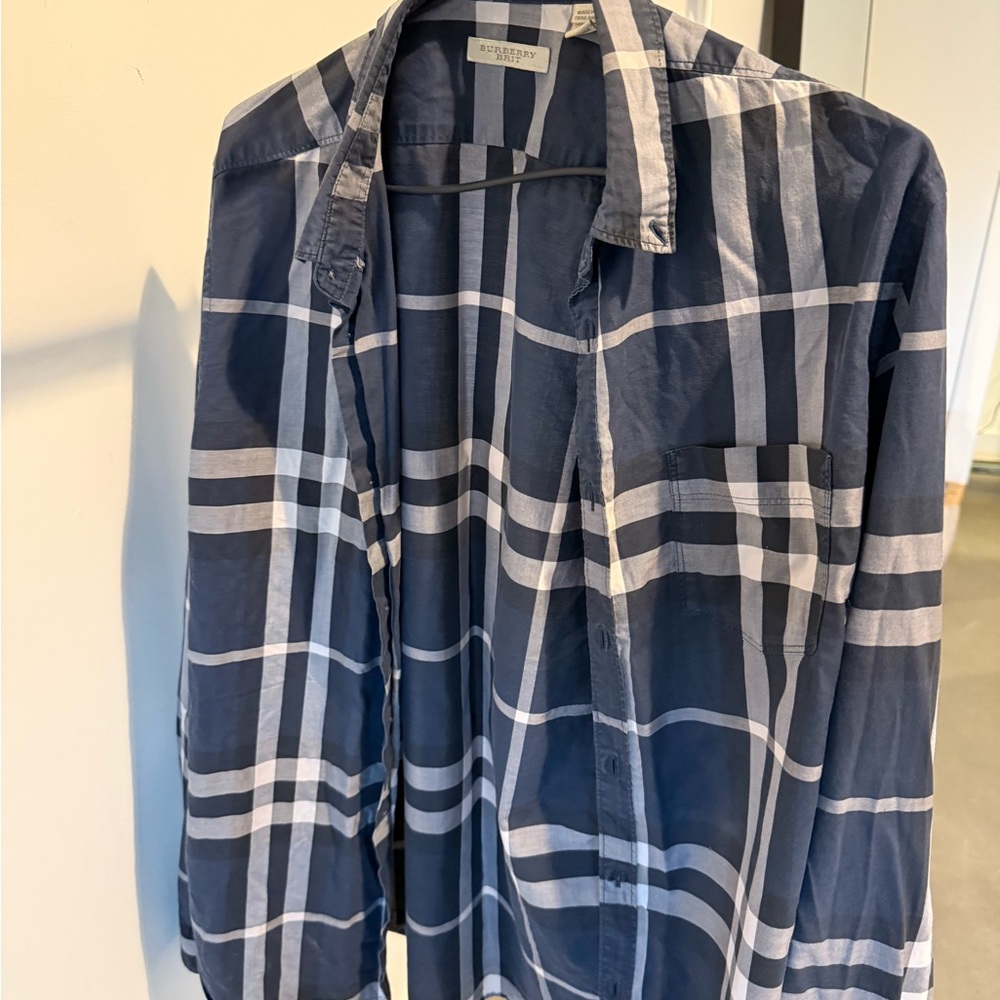 Burberry Navy and White Check Dress Shirt